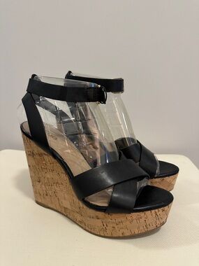 Aldo Helena Black Faux Leather Cork Wedge Sandals